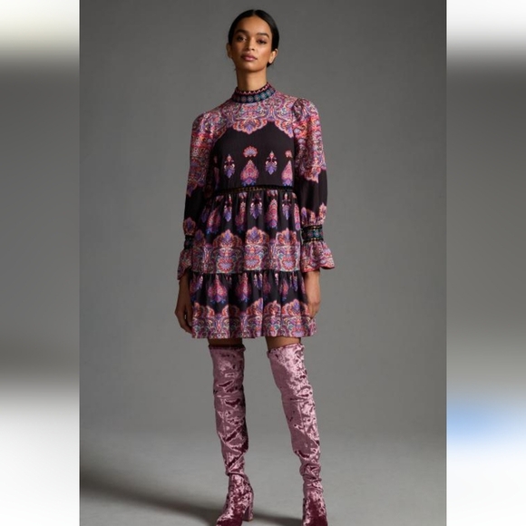 Anthropologie NWOTs Mixed Print Tiered Beaded Dress - Picture 1 of 11